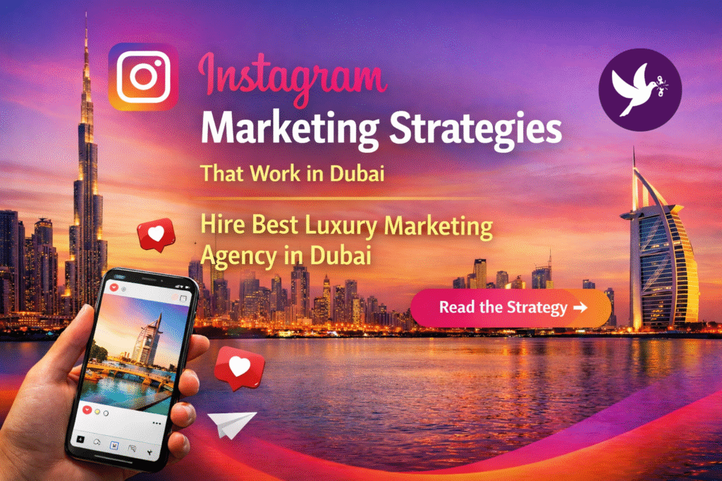 Instagram marketing strategies in Dubai banner with Dubai skyline